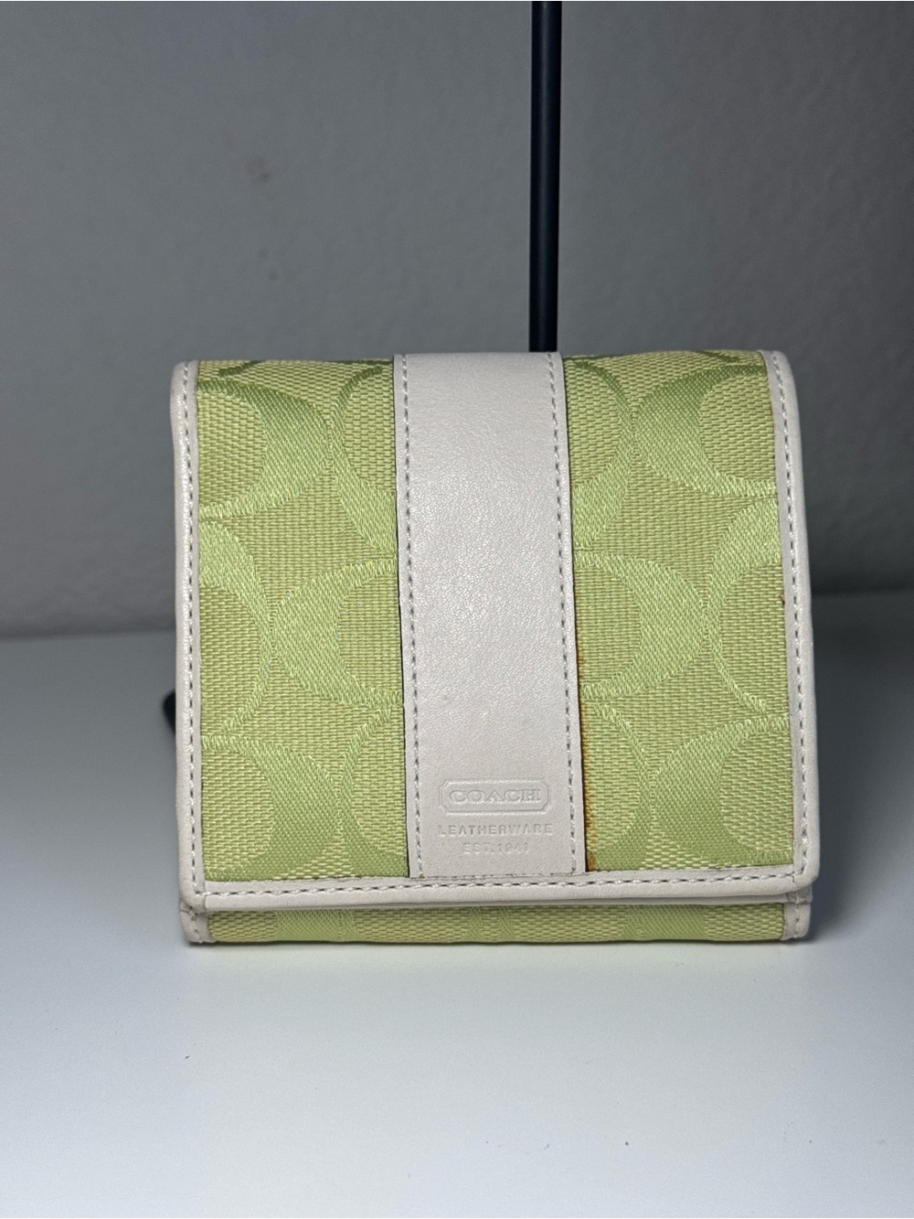 Vintage 2003 Coach Signature Jacquard Trifold Wallet in Lime Green